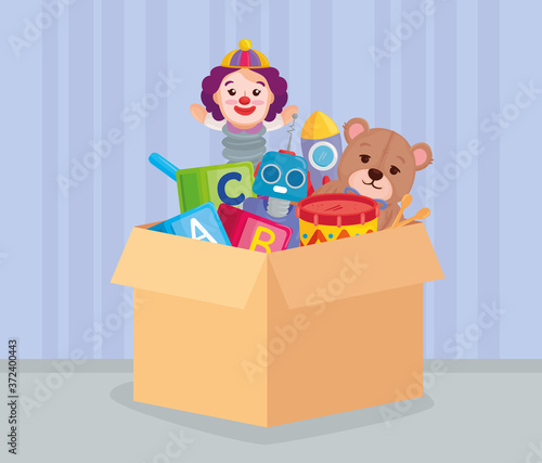 cute kids toys in box carton package vector illustration design