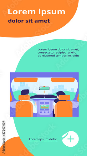 Couple riding vehicle. Back view of driver and passenger inside car interior. View from backseat. Vector illustration for driving, transportation, automobile, traffic concept
