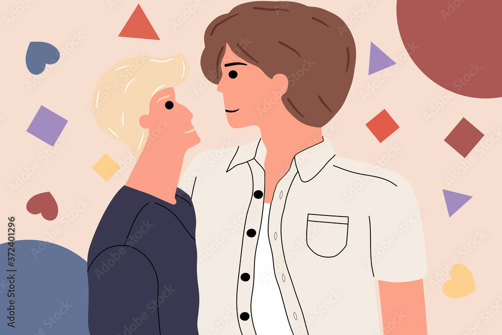 Concept LGBT. The young men flirting with each other. Passion, romance, homosexual, gay. Vector illustration in flat cartoon design. Concept LGBT. The young men flirting with each other. Passion, romance, homosexual, gay. Vector illustration in flat cartoon design.