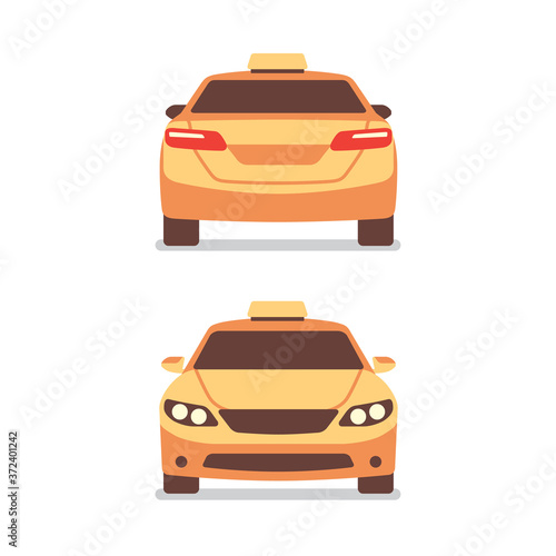 Two different angle of yellow taxi car public transportation service front and back view flat isolated objects vector illustration