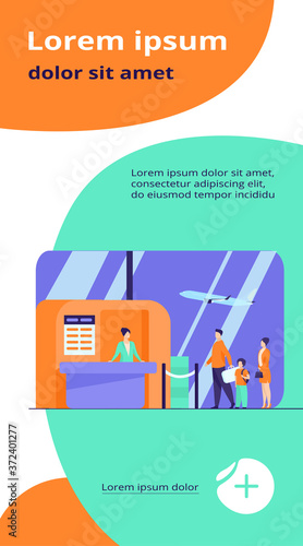 Airport queue vector illustration. Line of tourists standing at check in desk. Flight passengers waiting for boarding to plane in departure area