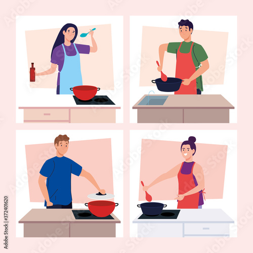 set scenes people cooking in the kitchen vector illustration design