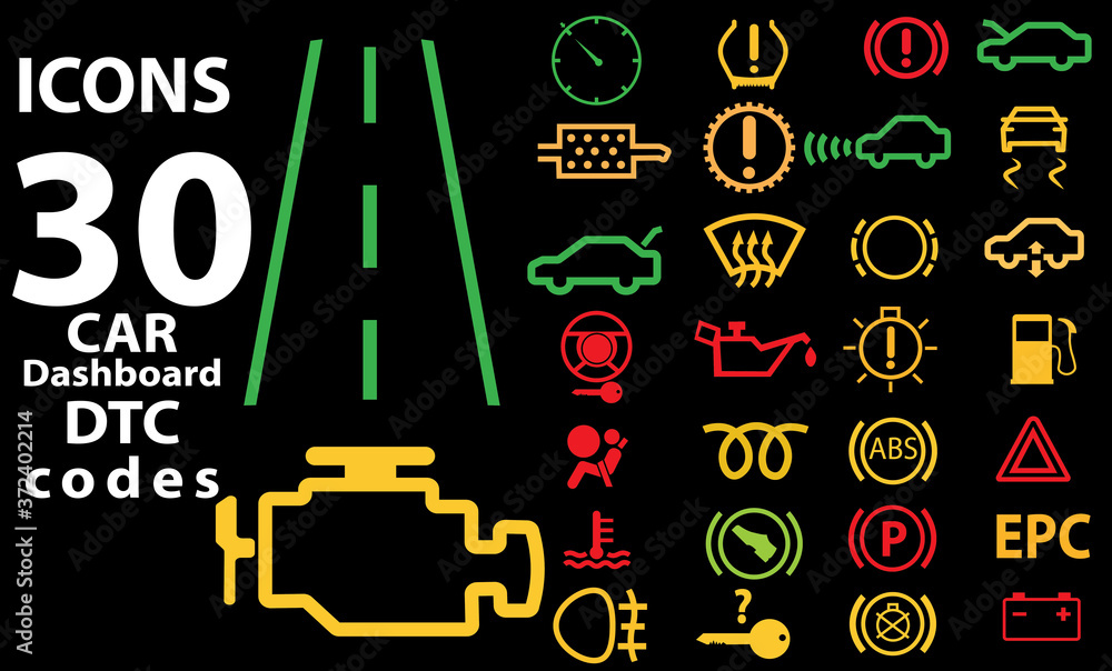 30 icon vector collection of car dashboard panel indicators, yellow red green indicators. DTC