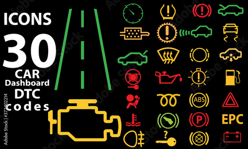 30 icon vector collection of car dashboard panel indicators, yellow red green indicators. DTC codes. Check engine warning.
