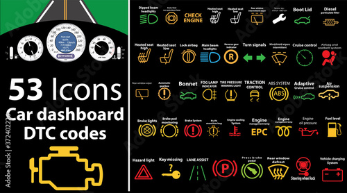 53 pack icons - Car dashboard, dtc codes, error message, check engine, fault, dashboard vector illustration, gas level, air suspension, collection, warnings, EPS 10 