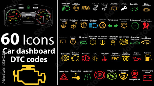 60 pack icons - Car dashboard, dtc codes, error message, check engine, fault, dashboard vector illustration, gas level, air suspension, collection, warnings, EPS 10 