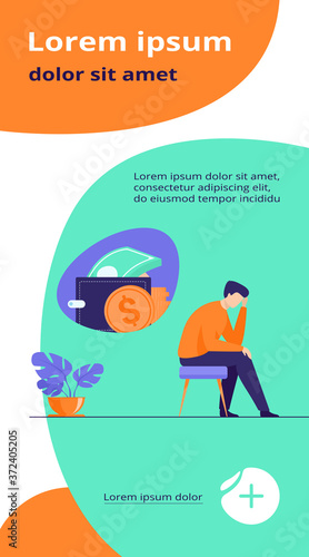 Depressed sad man thinking over financial problems and debts. Businessman broke, needing money, having unpaid loan. Vector illustration for bankruptcy, loss, crisis, trouble concept