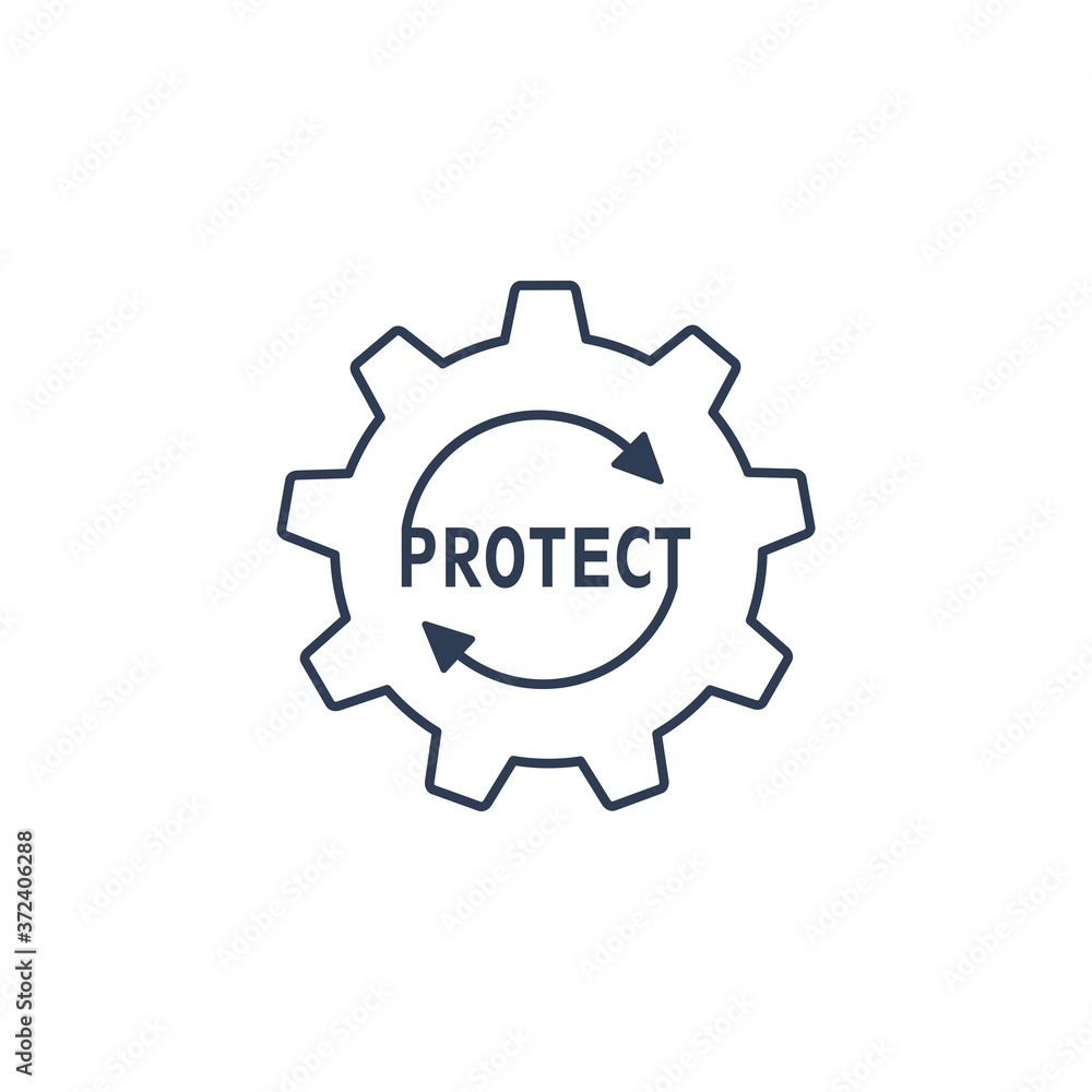 Gear, protection. Software . Vector linear icon isolated on white background. 