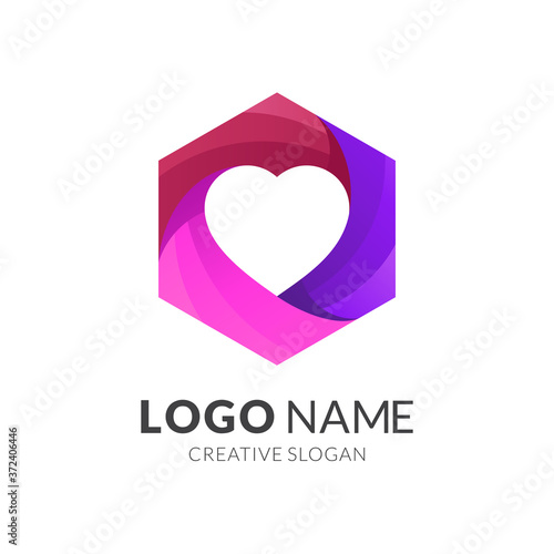 love and hexagon logo concept, modern 3d logo style in gradient vibrant colors