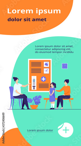 Children vaccination concept. Doctor presenting vaccine to mother with kid in hospital. Flat vector illustration for pediatrician, protection from flu topics