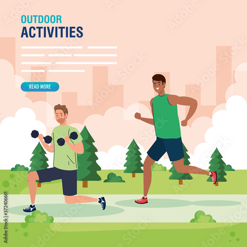 young men doing exercises outdoor, sport recreation exercise vector illustration design