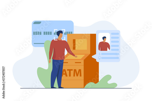 Bank face recognition technology. Man using ATM with face scanning flat vector illustration. Finance, safety, security, access concept for banner, website design or landing web page
