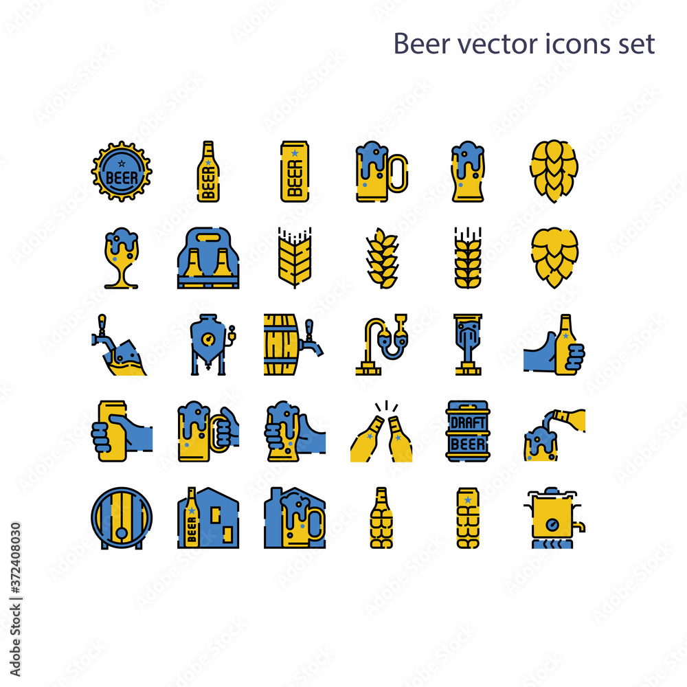 Fototapeta premium Basic element of Beer vector icons set.Contains a bottle, can, hop sign, barley and wheat, fermentation tank, boiler, draft beer keg, beer process, and more. 64x64 pixel perfect icon