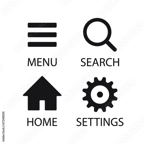 Menu and search magnifying glass vector icon. Home and settings cogwheel symbol. Basic application interface button set. Web store and business software logo sign collection.