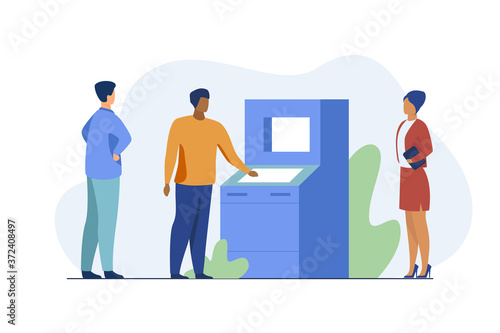 People using ATM. Bank customers waiting in queue, social distance flat vector illustration. Banking, transaction, cash withdrawal concept for banner, website design or landing web page