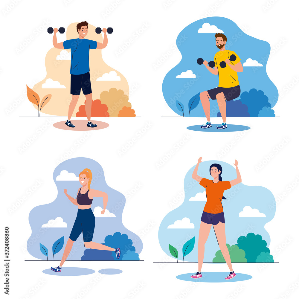 set scenes young people practicing exercises outdoor, sport recreation concept vector illustration design
