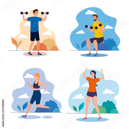 set scenes young people practicing exercises outdoor, sport recreation concept vector illustration design