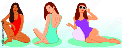 Set of sexy young women in swimsuit sitting, lying and chilling at the beach. Colorful flat cartoon vector illustration