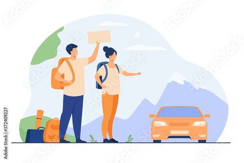 Young tourists with backpacks standing near road and hitchhiking isolated flat vector illustration. Cartoon happy couple thumbing to car. Vacation, road trip and adventure travel concept