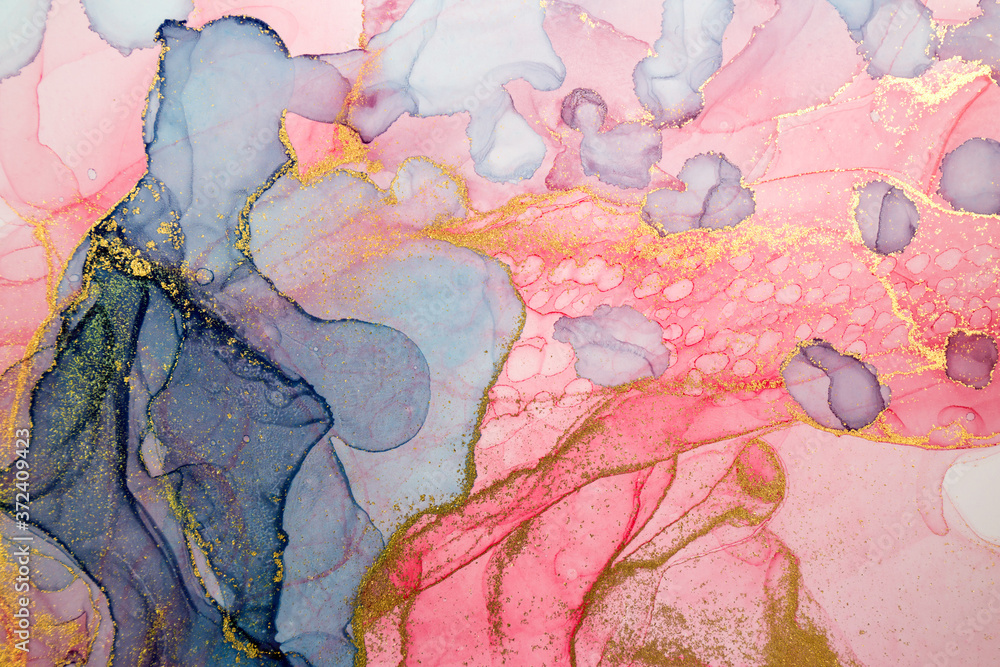 Naklejka premium Alcohol ink abstract background. Watercolor style texture. Pink, blue and gold paint stains illustration.