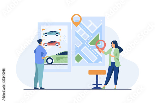 Man renting car. Car sharing app, city map with pointers. consultant flat vector illustration. Transportation, urban transport concept for banner, website design or landing web page