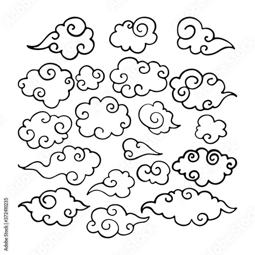 Collection of chines clouds in asian, oriental style. Mid autumn festival. Outline.