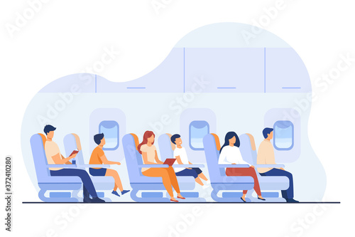 Passengers traveling by plane isolated flat vector illustration. Cartoon characters on airplane or aircraft board. Airline transportation, flight and tourism concept