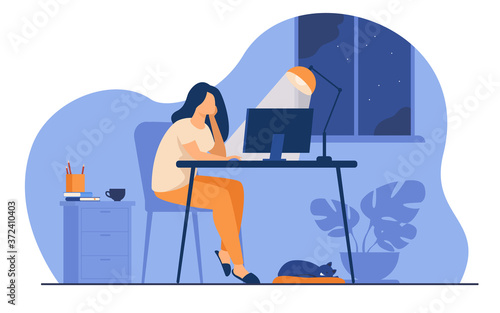 Woman working at night in home office isolated flat vector illustration. Cartoon female student learning via computer or designer late at work. Workplace and sleepless concept