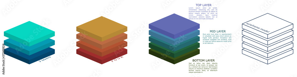 Simple three dimensional square layers drawing, different versions can be used in infographic - obrazy, fototapety, plakaty 