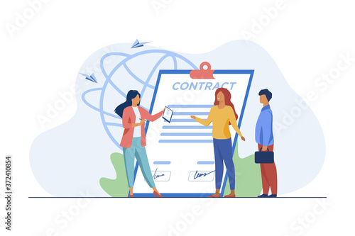 Business partners meeting. Businesspeople meeting for signing contract flat vector illustration. Employment, deal, partnership concept for banner, website design or landing web page