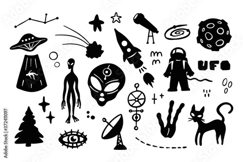 UFO collection elements for poster, banner, textile, nursery, cards. Mysterious paranormal things. Vector set illustration isolated on white