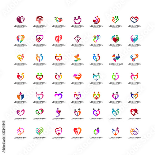 Set of human love and care logo design. Happy family, human relationship, childcare, kids foundation logo collection. Human in heart shape vector