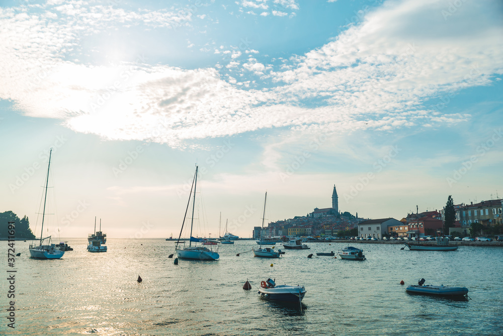 cityscape of Rovinj town in Croatia in sunset time