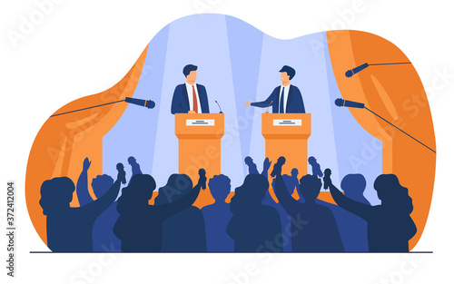 Politicians talking or having debates in front of audience flat vector illustration. Cartoon male public speakers standing on rostrum and arguing. Politics, government and controversy concept