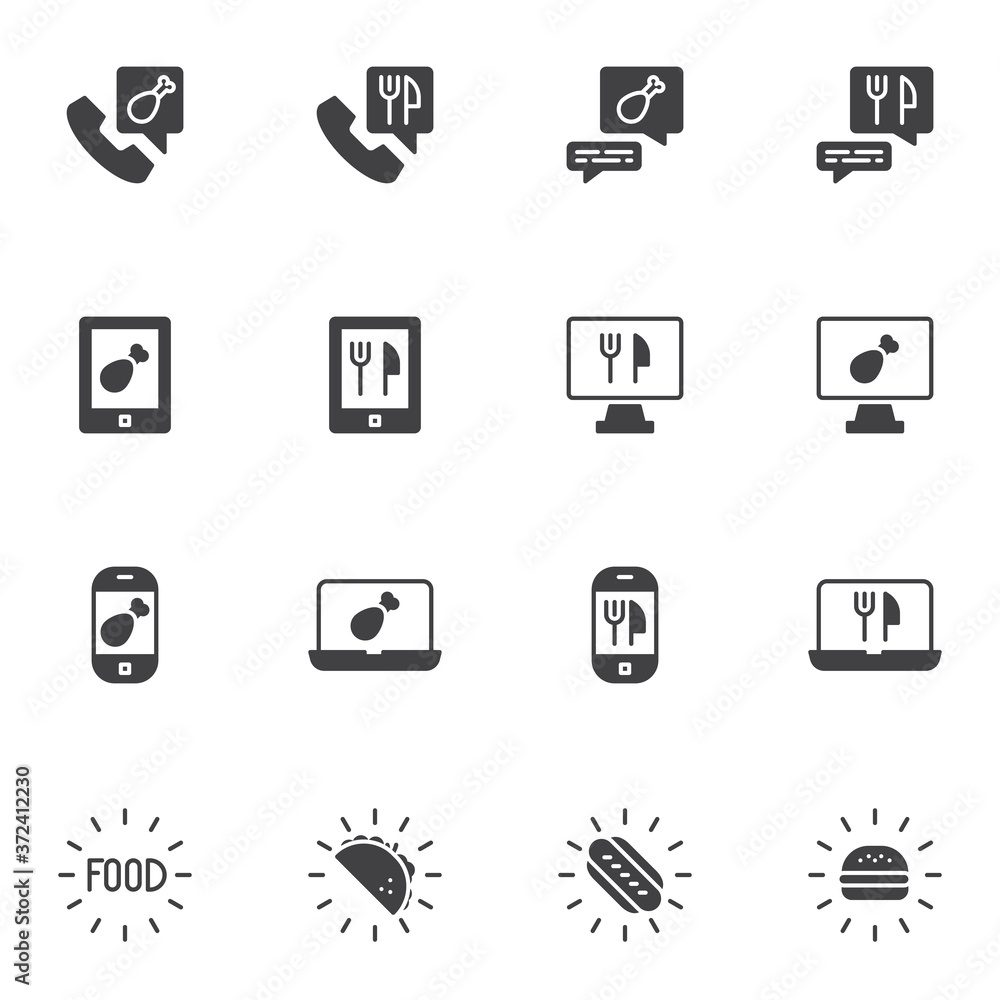 Online food delivery vector icons set, modern solid symbol collection, filled style pictogram pack. Signs, logo illustration. Set includes icons as fast food delivery, burger, tacos, fried tortilla Online food delivery vector icons set, modern solid symbol collection, filled style pictogram pack. Signs, logo illustration. Set includes icons as fast food delivery, burger, tacos, fried tortilla