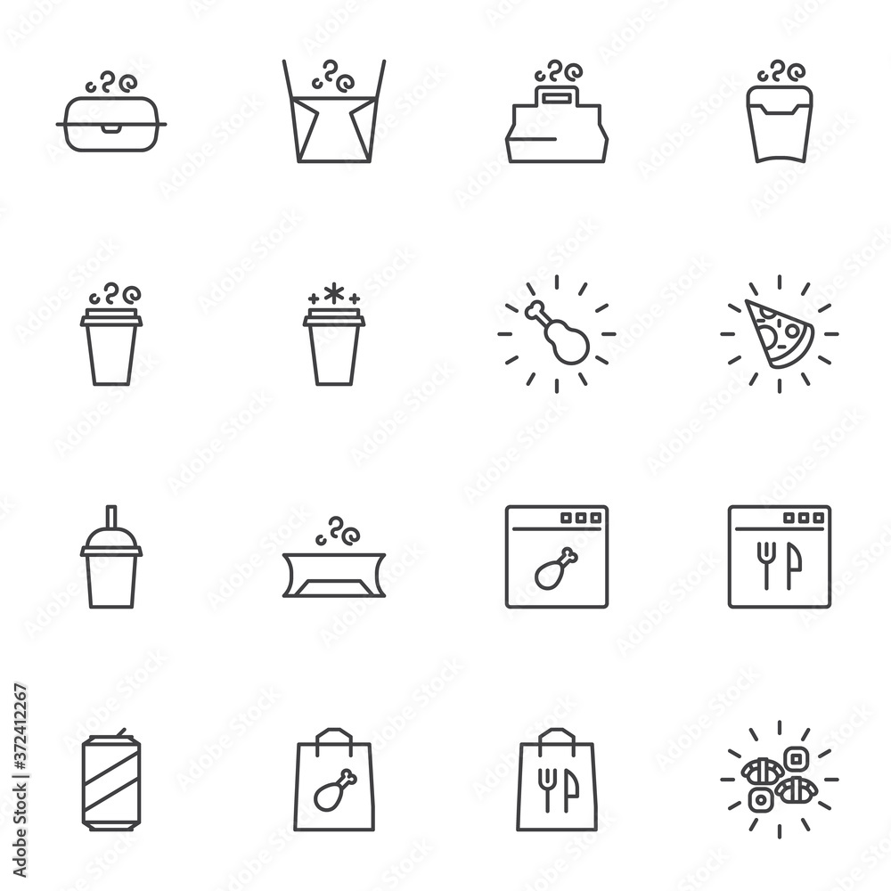 Takeaway food service line icons set, outline vector symbol collection, linear style pictogram pack. Signs, logo illustration. Set includes icons as noodles package, pizza, chicken, soda drink, coffee Takeaway food service line icons set, outline vector symbol collection, linear style pictogram pack. Signs, logo illustration. Set includes icons as noodles package, pizza, chicken, soda drink, coffee