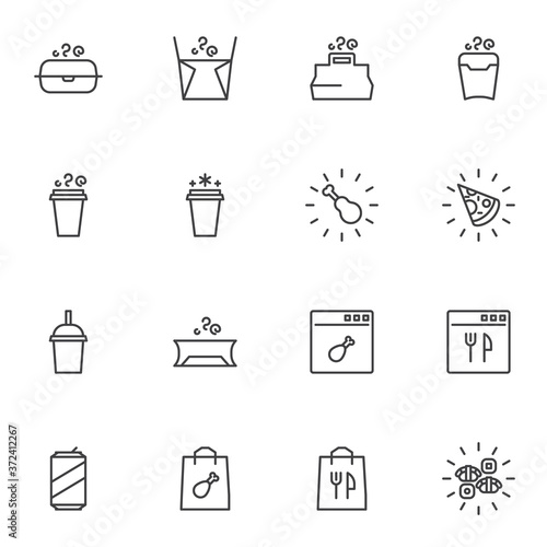 Takeaway food service line icons set, outline vector symbol collection, linear style pictogram pack. Signs, logo illustration. Set includes icons as noodles package, pizza, chicken, soda drink, coffee