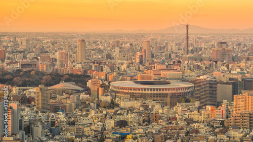 Photography Top view of Tokyo city skyline at sunset .