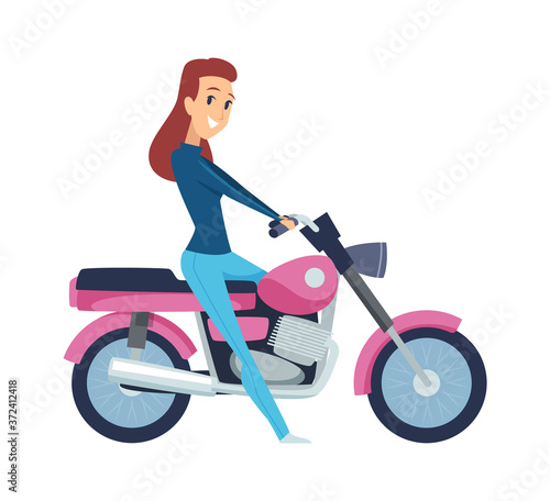 Girl driver. Cute woman on motorcycle. Isolated cartoon female rides motorbike vector illustration. Motorcycle and motorbike ride, bike transport