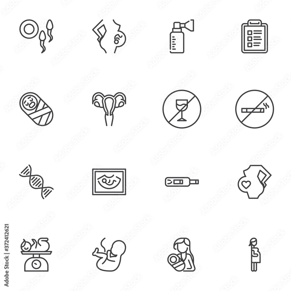 Fototapeta premium Pregnancy and maternity line icons set, outline vector symbol collection, linear style pictogram pack. Signs, logo illustration. Set includes icons as newborn baby, pregnant woman, sperm and ovum