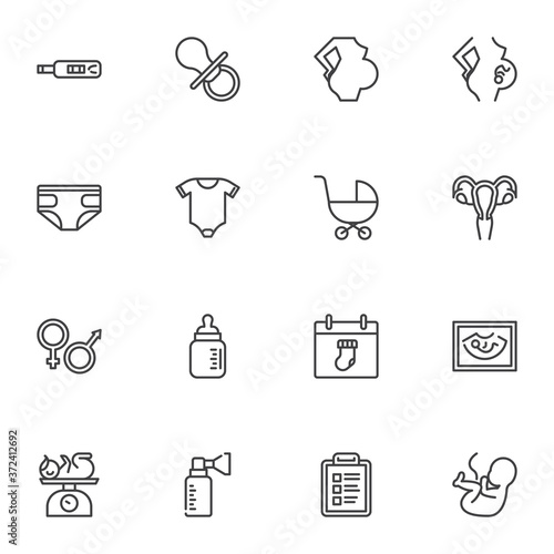 Maternity, motherhood line icons set, outline vector symbol collection, linear style pictogram pack. Signs, logo illustration. Set includes icons as newborn baby, pregnant woman, baby diaper, embryo