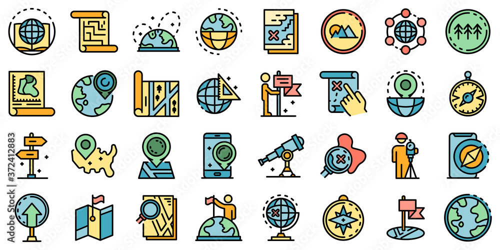 Cartographer icons set. Outline set of cartographer vector icons thin line color flat on white
