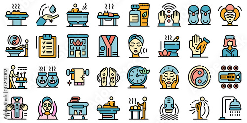 Masseur icons set. Outline set of masseur vector icons thin line color flat on white