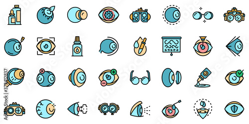 Optician icons set. Outline set of optician vector icons thin line color flat on white