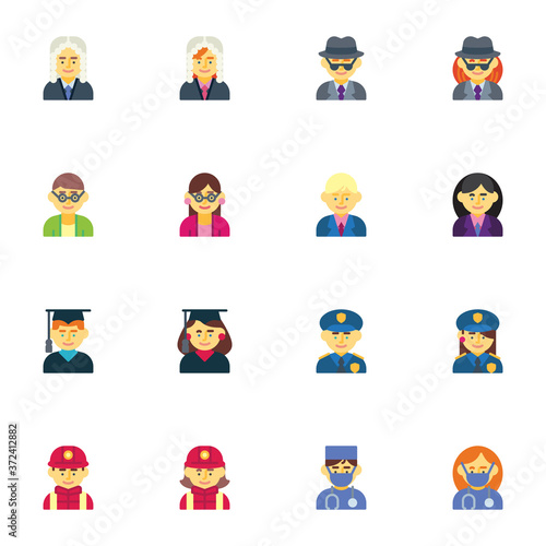 People profession collection, flat icons set, Colorful symbols pack contains - attorney lawyer, graduate student, fireman, doctor, nurse, teacher. Vector illustration. Flat style design