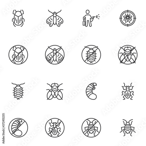 Pest animals line icons set, outline vector symbol collection, linear style pictogram pack. Signs, logo illustration. Set includes icons as termite insect, flea, cockroach, fly, bug, moth