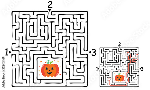 Square halloween maze labyrinth game for kids. Labyrinth logic conundrum. Three entrance and one right way to go. Vector flat illustration isolated on white background.