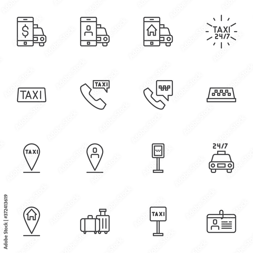 Taxi ordering service line icons set, outline vector symbol collection, linear style pictogram pack. Signs, logo illustration. Set includes icons as taxi driver contact, home delivery, online payment Taxi ordering service line icons set, outline vector symbol collection, linear style pictogram pack. Signs, logo illustration. Set includes icons as taxi driver contact, home delivery, online payment
