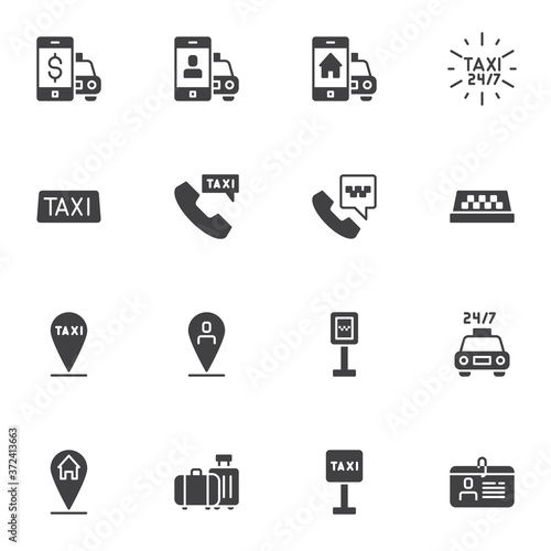 Taxi ordering service vector icons set, modern solid symbol collection, filled style pictogram pack. Signs, logo illustration. Set includes icons as taxi driver contact, home delivery, online payment