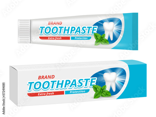 Toothpaste package. Teeth dental protection box label vector design template. Illustration toothpaste tube design, product care tooth